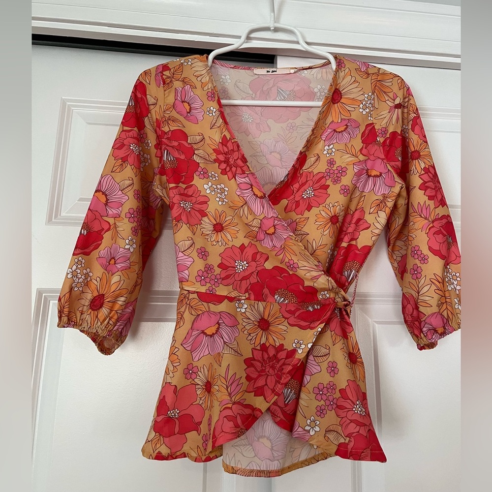 Francesca's Collections Red and Orange Floral Wrap Blouse